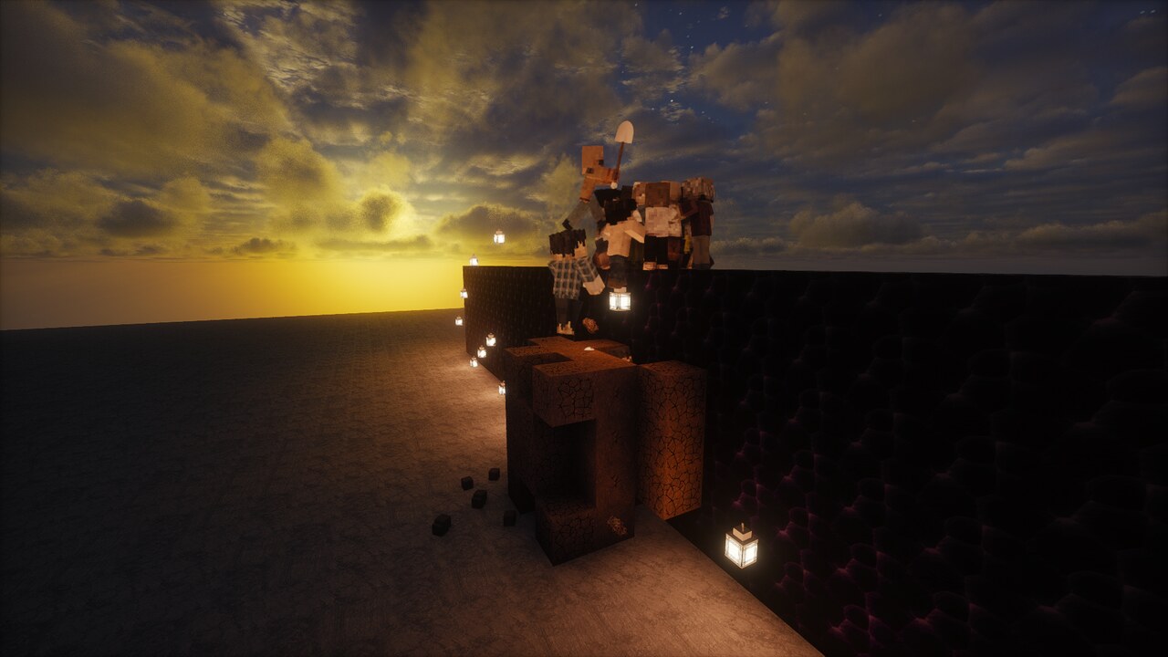 Quatre zombies empilés au sommet d'une colonne de blocs qu'ils viennent de poser contre un mur d'obsidienne, l'un tenant encore sa pelle.